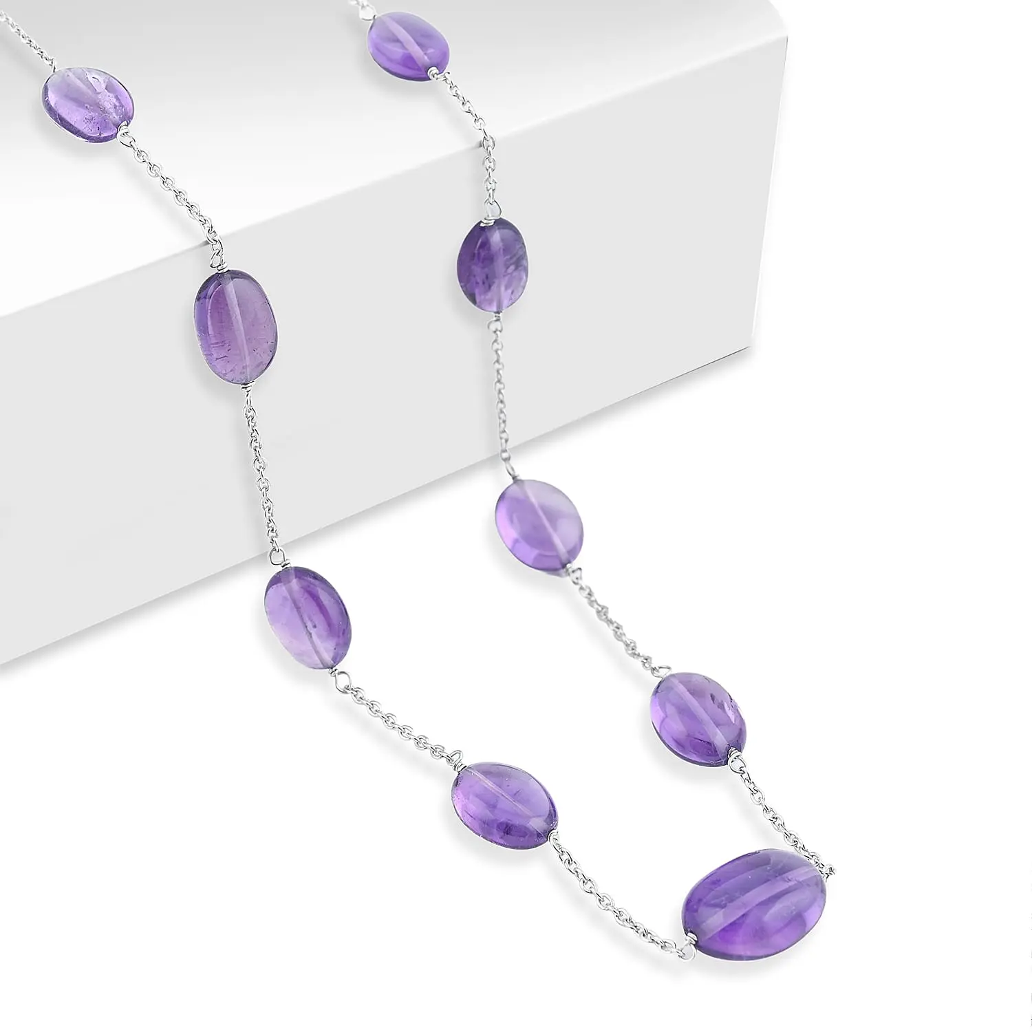 D'Joy African Amethyst 50.00 ctw Beaded Necklace in Rhodium Over Sterling Silver (24 Inches)