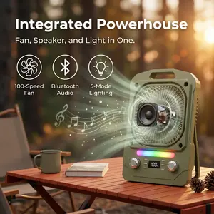Fan + Speaker + Light in OnePortable Camping Fan with 100 Speeds, Bluetooth Audio, SOS Light, Timer & Hanging Design