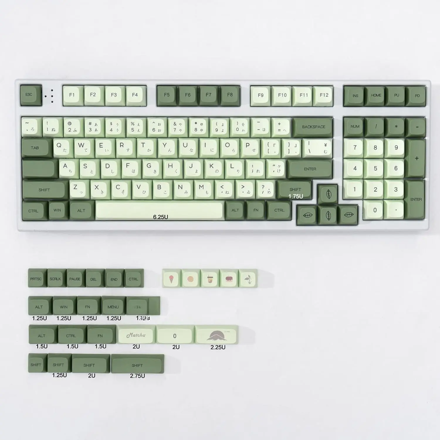 PBT  Keycaps Matcha Green XDA Profile Cute Keycaps Set 124  Custom Dye-Sub Keyboard Keycaps for Cherry Gateron MX Switches Mechanical Keyboards