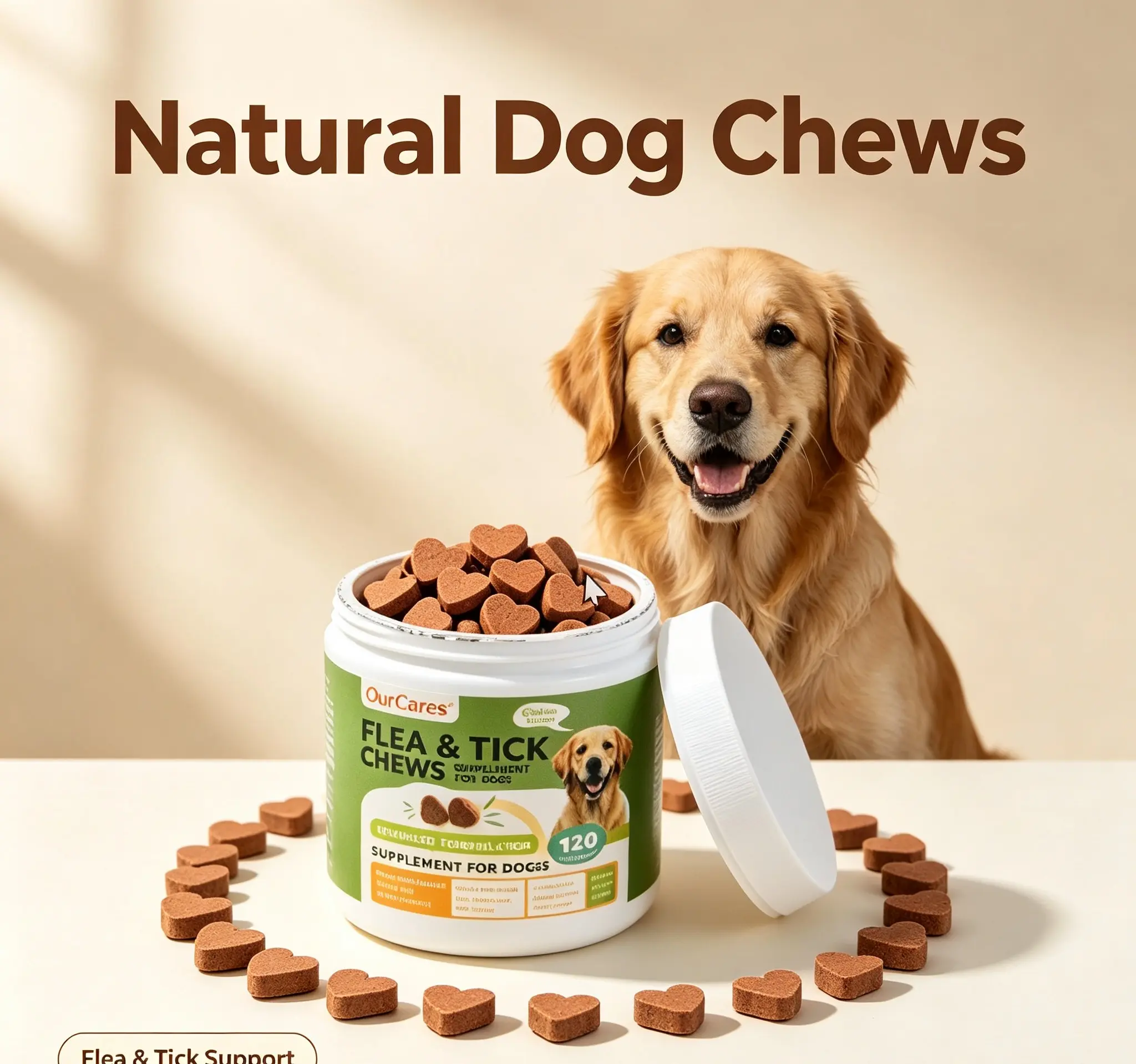 Flea Tick Soft Chews Supplement for Dogs, Chicken Flavor, 120 Count, Natural Ingredients for Flea, Tick & Mosquito Support &OurCares