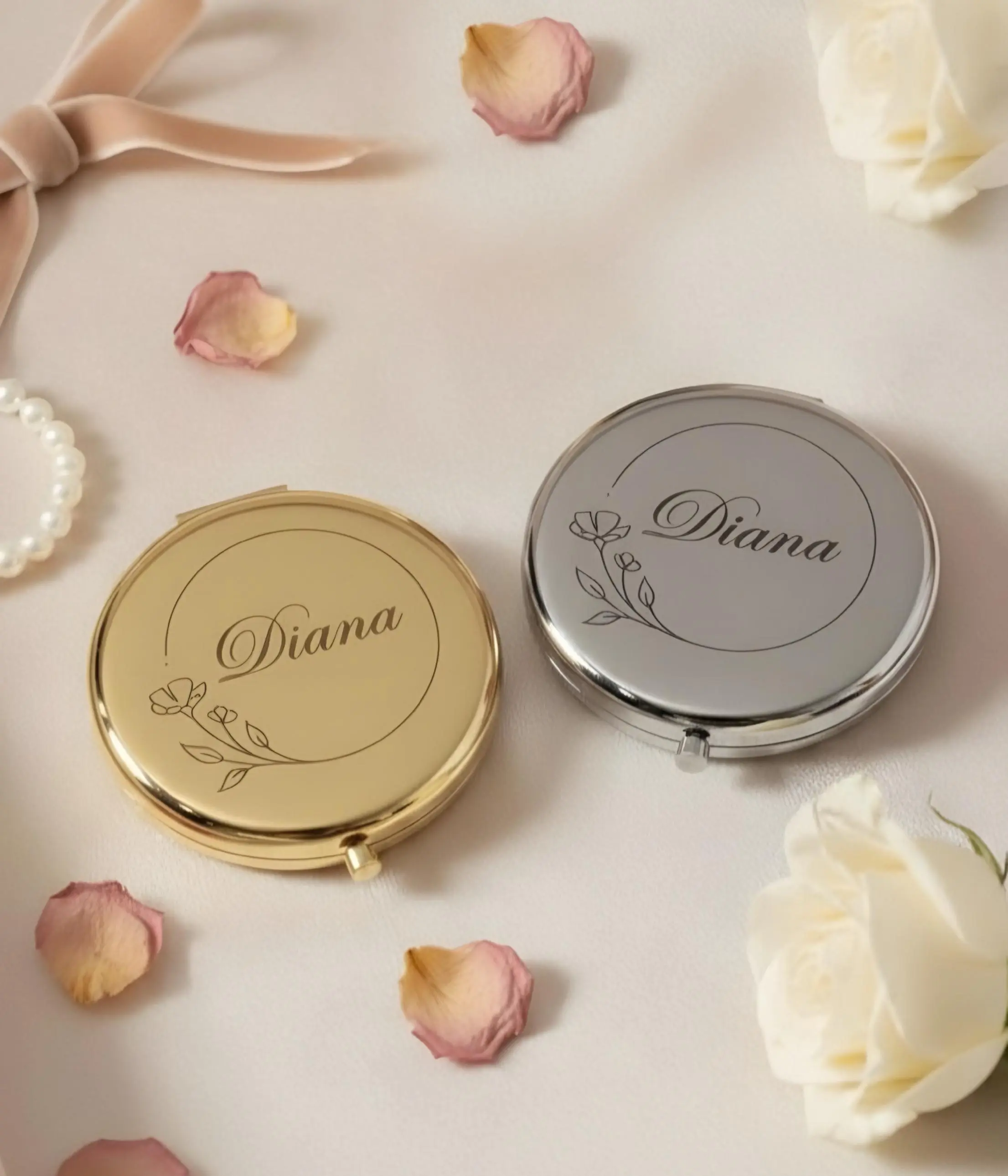 Dainty Engraved Compact Mirror - Double-Sided Metal Round Shell Purse Accessory with 1x/2x Magnification, Travel-Use Beauty Essential