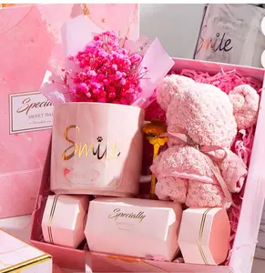 Pink Towel Flower Gift Set for Women - Includes Pink Towel, Pink Plush Toy, and Decorative Elements