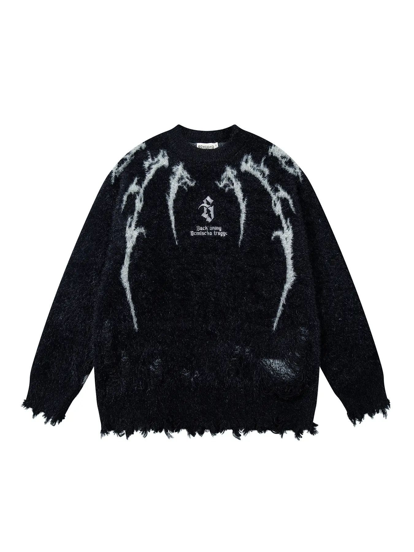 Men's Gothic Flame Letter Embroidered Sweater Drop Shoulder Stylish Pullover, Casual Round Neck Knitwear for Fall & Winter, Fashionable Ripped Design