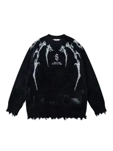Men's Gothic Flame Letter Embroidered Sweater Drop Shoulder Pullover, Casual Round Neck Knitwear for Fall & Winter, Fashionable Ripped Design