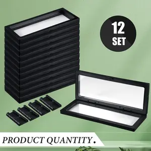 12 Pack 3D Floating Display Case – 9.1" Rectangle Floating Frame Holder Stand for Challenge Coins, Jewelry, Gemstones, Fossils & Collectibles (Black)