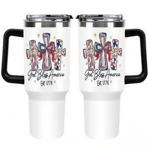 Patriotic Christian,God Bless America, American Flag Cross, 4th of July, Independence Day, Memorial Day, America, Patriot,  40oz, Insulated Coffee Cup, Straw, Silicone Seal Lid, Vacuum Insulated, Commute Use, Car Cup