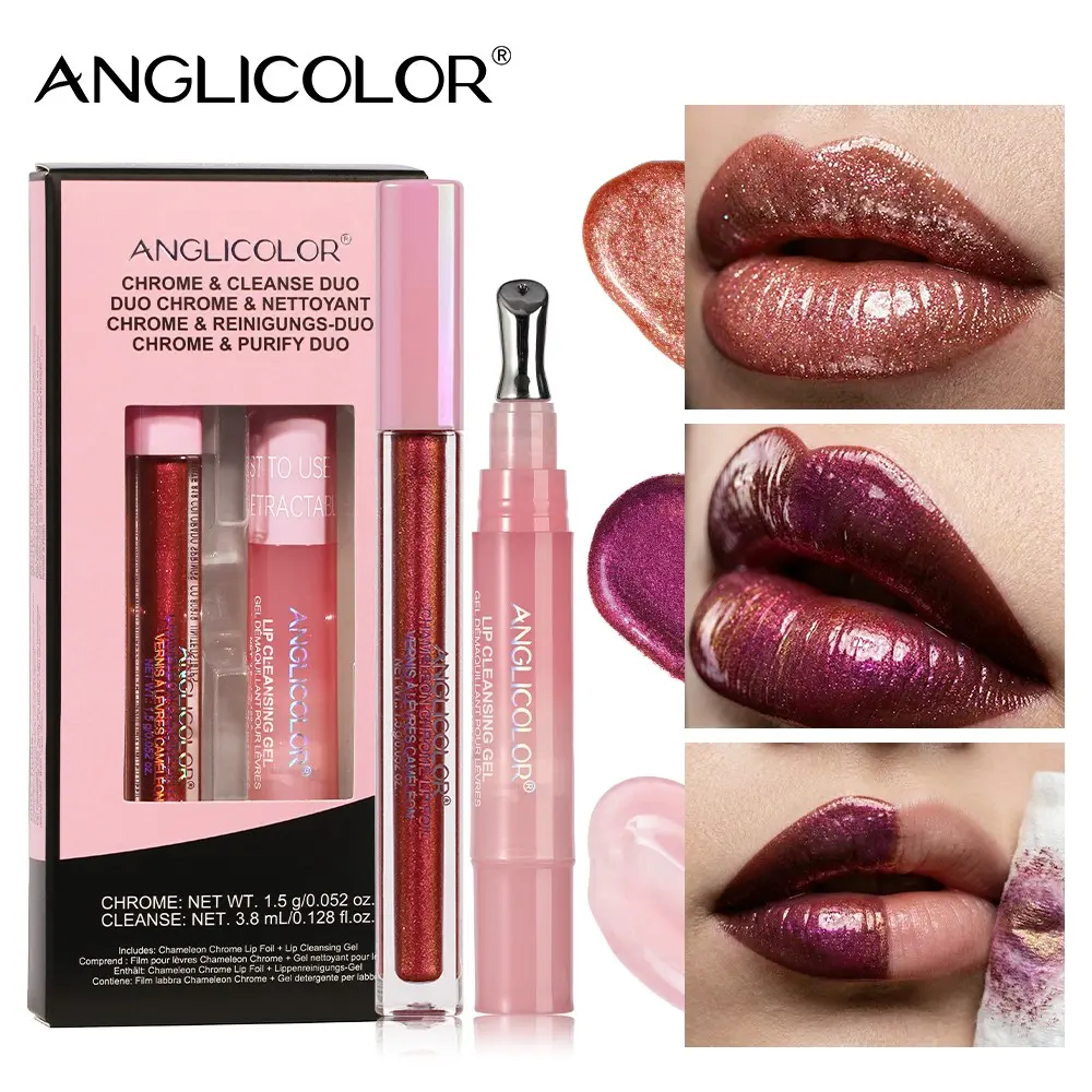 Color-changing Glitter Lipstick, Pearlescent Sparkling Color-changing Lip Gloss Set, Easy to Apply and Long-lasting, Silky Smooth Texture, Chameleon Lip Tint + Makeup Remover Set