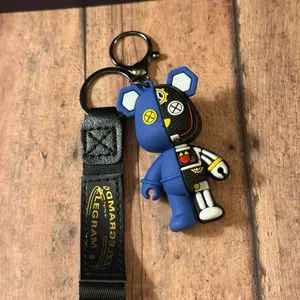 Robot Teddy Bear Keychain - Blue Astronaut Design with Black Strap and Gold Telegram Label