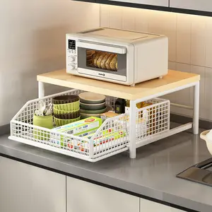 Multifunctional kitchen rack, expandable microwave oven rack, pull basket design, countertop pots and pans storage artifact