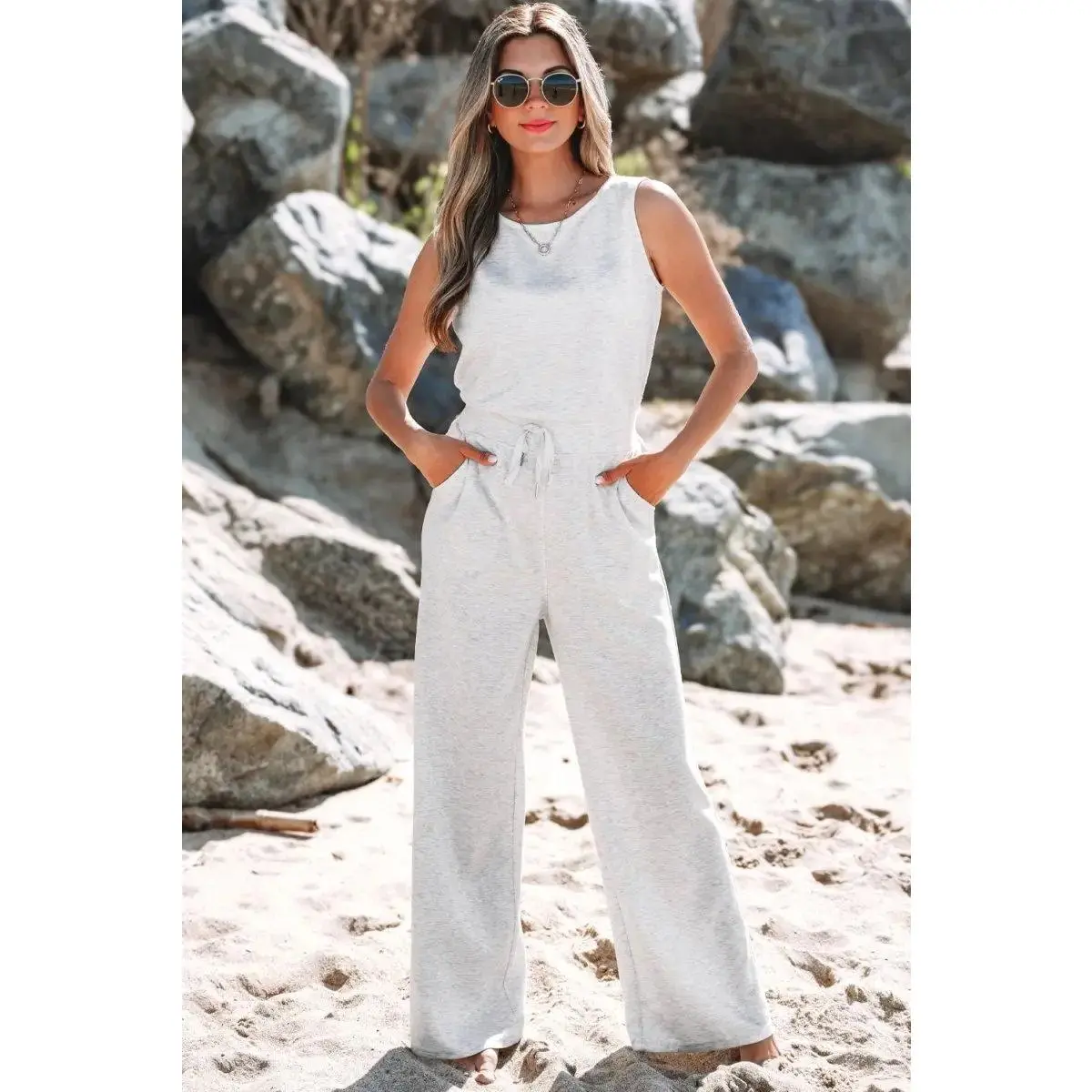 Women's Cute Comfy High-Waist Overalls Jumpsuit - Casual Sleeveless Wide-Leg, Smooth Light Grey Fit, Adjustable Design with Pockets, Soft, Solid, Everyday, Basic, Daily Wear, Wide Legs, Style, Drawstring, Round Neck, Elastane, Crew Neck