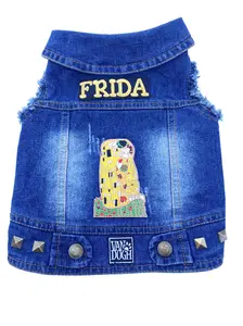 Denim Pet Jacket, Small Breed, Embroidered, Stylish pet apparel, custom pet jacket, custom art patches for pet jackets
