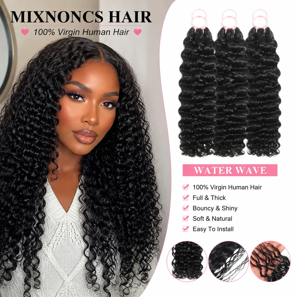 MIXNONCS 100% Raw Human Hair Deep Wave Feather Extensions - Premium Unprocessed Luxury Hair, Invisible & Seamless Bulk Hair Bundles for Black Women