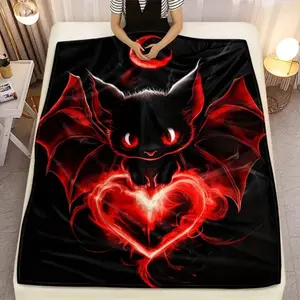 1pc Gothic Bat & Heart Throw Blanket - Black & Red Vampire Design - Soft Lightweight Flannel All-Season Bedspread for Couch---Warm Haven Textiles