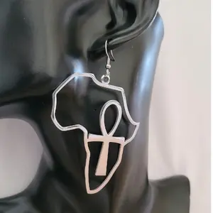 Stainless Steel Africa Map Earrings, Silver Africa Hoop Earrings, Africa Map Hoop Earrings, Ethnic Earrings, Ankh Earrings [Made-to-Order]