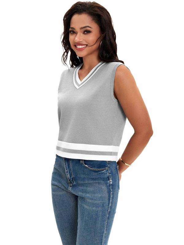ATHLECHIC Women's Summer Crop Tops Knit Vest Color Block Sleeveless V Neck Tank Tops Loose Fit Tops Gray White