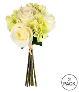 13" Artificial Green Cream Rose Hydrangea Bouquet, Pack of 2 Decor Decorative