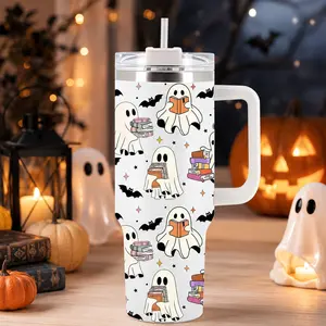 HACOOL SHOP Ghost Reading Tumbler 40Oz Stainless Steel Insulated Cup with Handle for Book Lovers Halloween Kitchen Decor Perfect Gift for Mom Dad Sister
