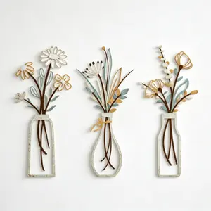【Holiday Haul】3 Pieces Metal Flowers Wall Decor, Rustic Farmhouse Minimalist Flower Wall Art, Beige, for Living Room Bathroom Dining Room, Housewarming Gift