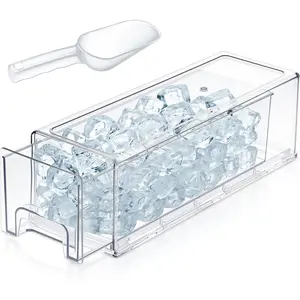 Stackable Ice Storage Bin for Freezer with Scoop, Clear Pull-Out Ice Bucket Plastic Container with Front Slide-Out Drawer, Food Storage Organizer Holder for Kitchen RV, 12.6 x 4.7 x 4.3 Inch