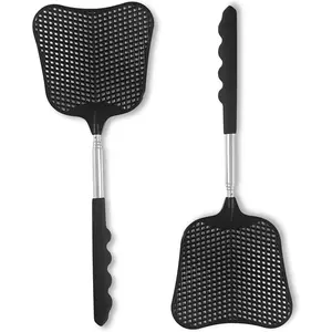 Fly Swatters 2 Pack Durable Telescopic Stainless Steel Handle Heavy Duty Black Bug Zapper Racket Upgraded Plastic Fly Swatter Set for Indoor Outdoor Home Hiking Camping Garden
