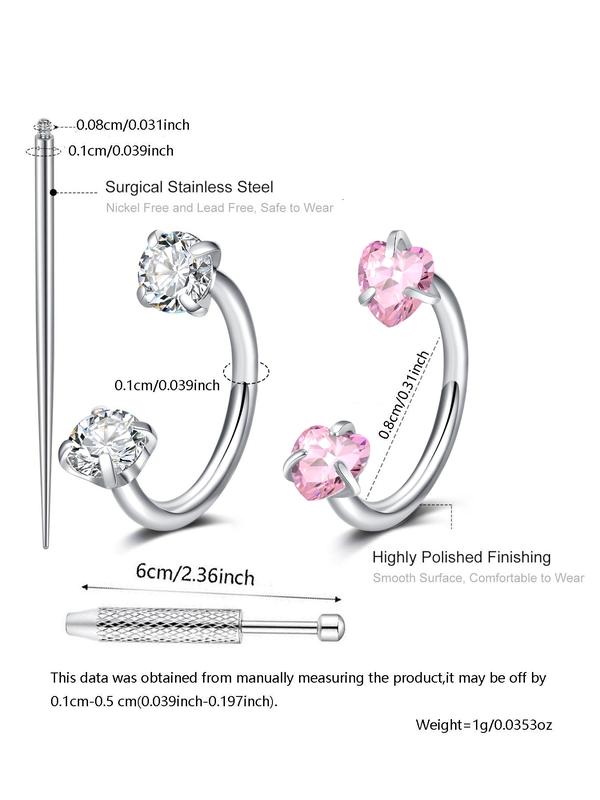 Cz Stainless Steel Nose Ring, Heart Design, 8mm Inner Threaded Hoop, Suitable for Cartilage, Tragus, Lobe, Lip Piercing Jewelry, Body Jewelry