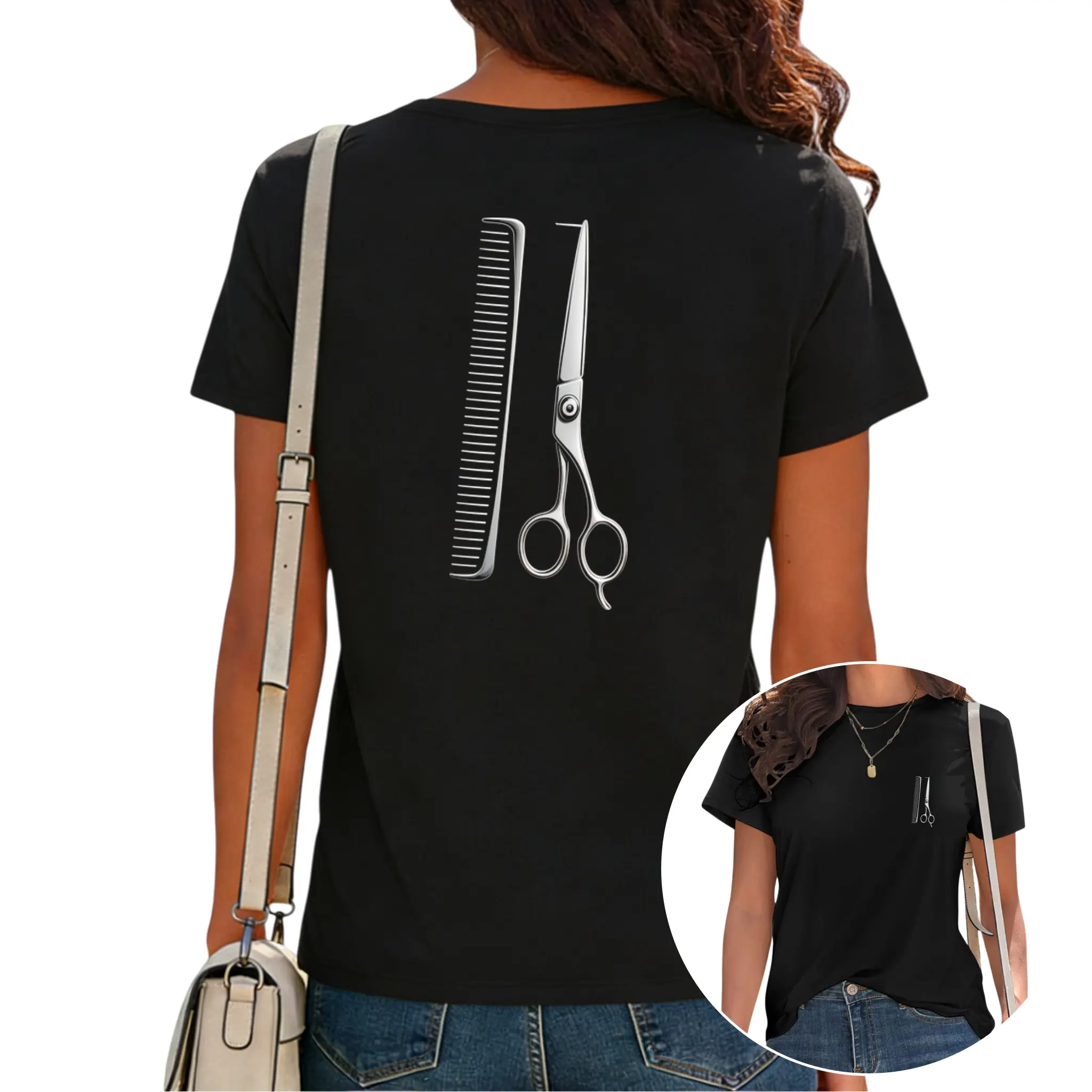 Women's Barber Scissors & Comb Graphic T-Shirt - Pure Round Neck Short Sleeve Tee with Barber Print, Casual Summer Beachwear, Suitable for Daily Wear, Vacation Outfits, Gift for Hairdressers & Barber Lovers