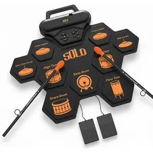Portable  Roll-Up Drum Set - 9-Pad Rechargeable Roll-Up MIDI Drum Pad with Handy Carry Handle, Built-In Speakers, Headphone Jack, Sticks Foot Pedals