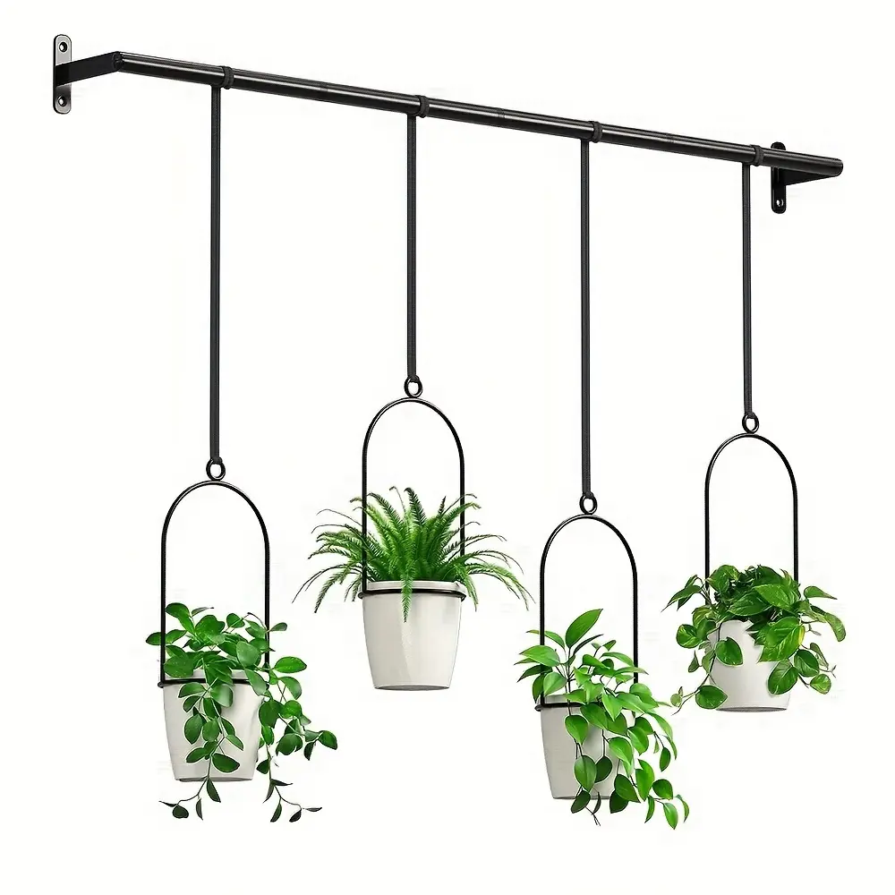 Adjustable Metal Hanging Planters with 4 Plastic Pots, Nylon Hanging Rope, and Expandable Storage Rack (11.8-18.1 in Sliding Out) for Wall/Ceiling Mounting (Home Decor Hooks & Shelves Supplies)