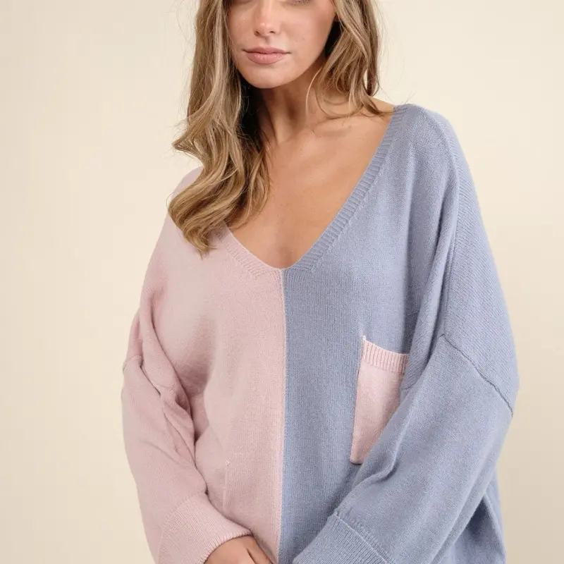 Paige Pastel Pink and Lavender Color Block V-Neck Sweater - Knitwear, Womenswear, Soft Fabric, Versatile Style