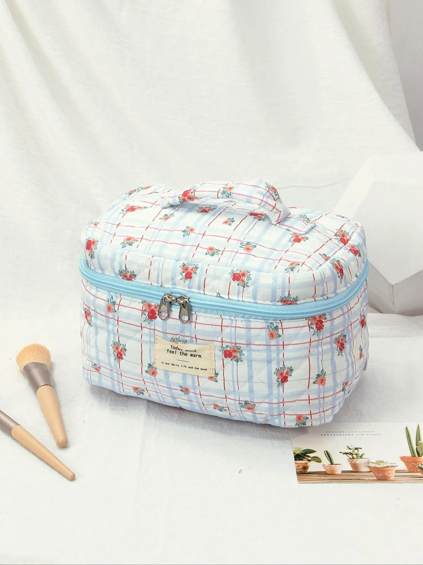 Portable Floral & Plaid Pattern Makeup Bag, Large Capacity Cosmetic Storage Bag, Cute Travel Storage Bag for Student