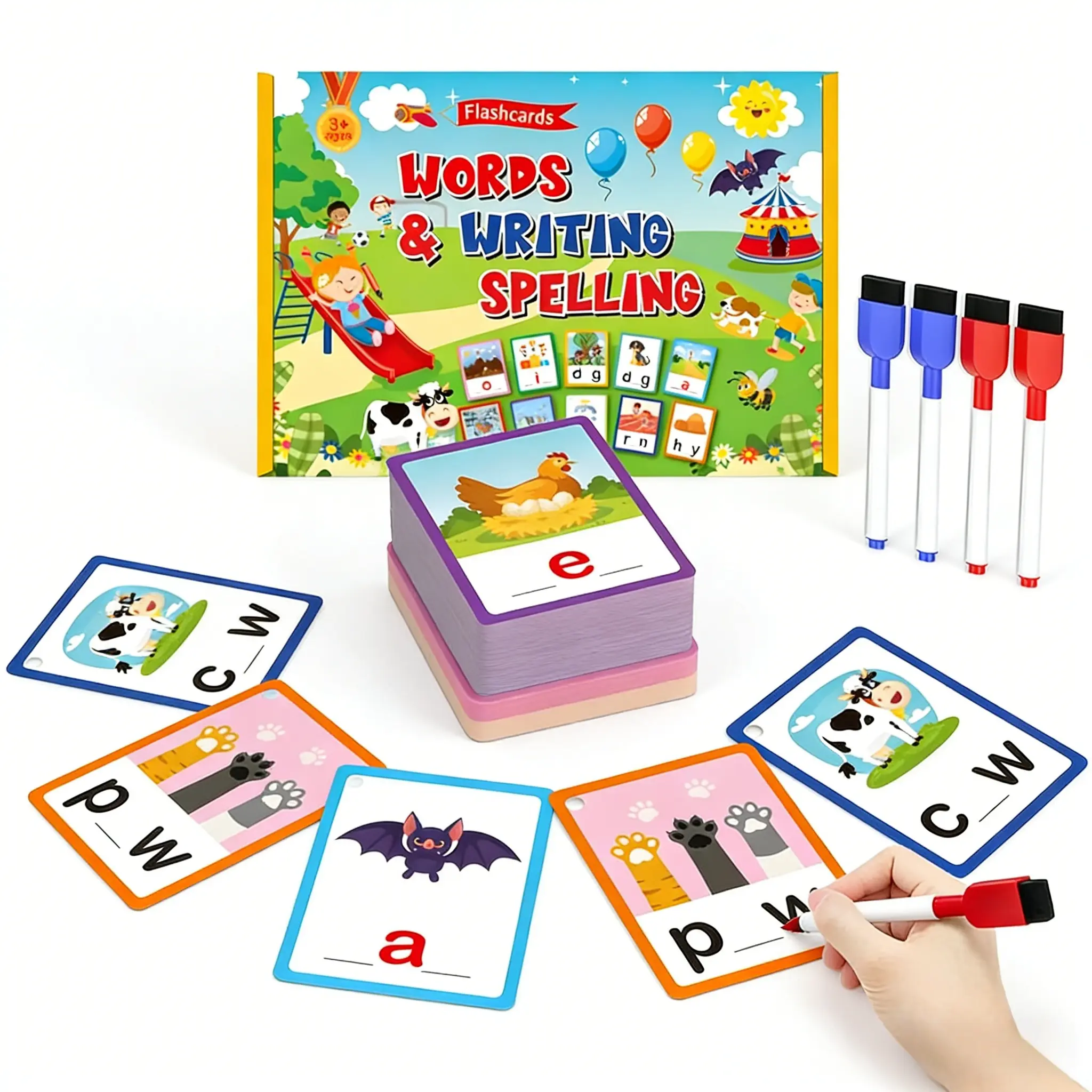 Phonics Flash Cards for Kids, 100 CVC Words Spelling Cards with 4 Dry Erase Markers, Preschool Learning Toys Ages 3-6, Learn to Read Write Practice Game, Reusable Sight Word Cards, Kindergarten Educational Activities for Toddlers