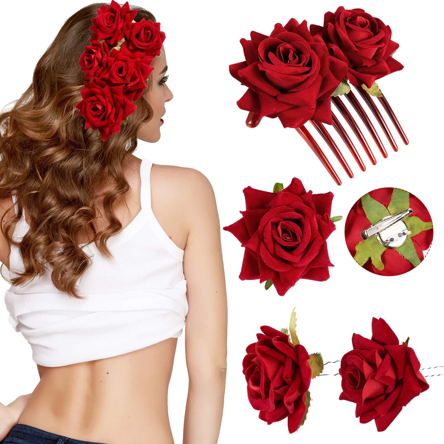 latina accessories 4 Pieces Rose Hairpin Hair Clip Bridal Rose Brooch Wedding Floral Clips Women Flower Hair Accessories for Woman Girl Party Wedding