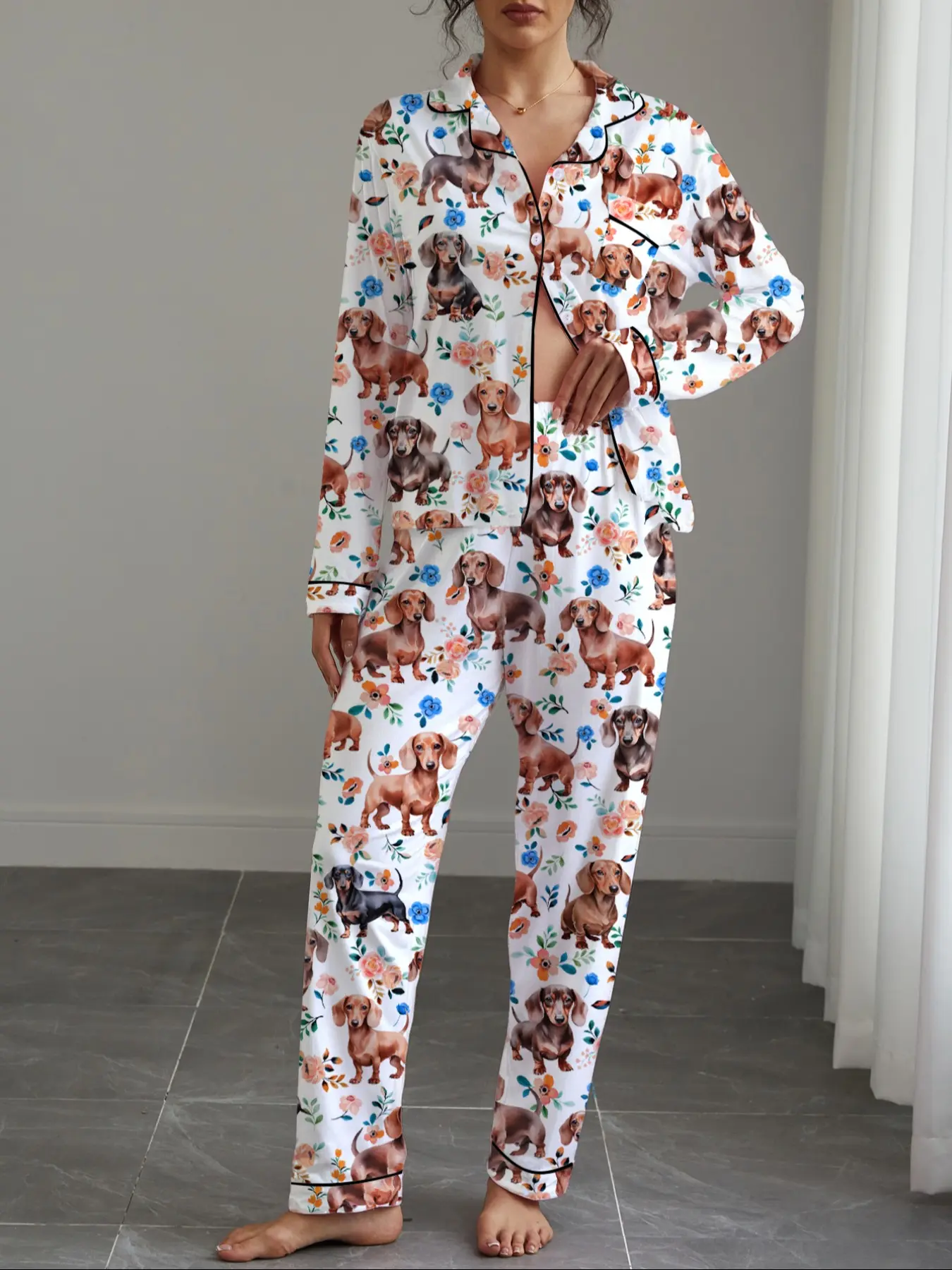 Women's Autumn Winter Pajama Set, Pjs, Loungewear, Cute Sausage Dog Print, Shirt Collar Button Long Sleeve Top & Elastic Pants, Soft Stretchy Fabric