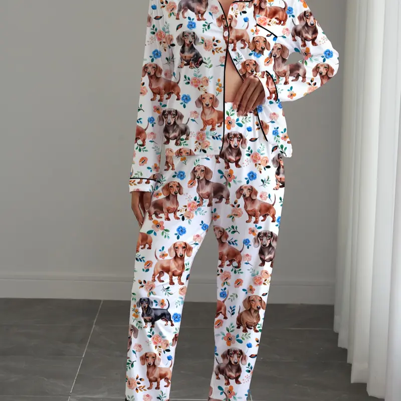 Women's Autumn Winter Pajama Set, Pjs, Pj Sets, Loungewear, Cute Sausage Dog Print, Shirt Collar Button Long Sleeve Top & Elastic Pants, Soft Stretchy Fabric
