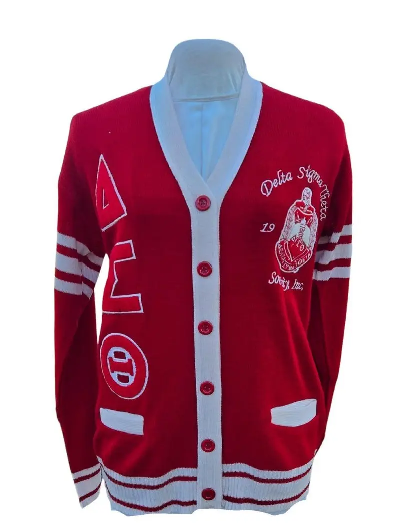 Delta Sigma Theta (ΔΣΘ) Red & White, 3 letter chenille Sweater/Cardigan for Delta Soror- stay warm in Style this WINTER Exclusive