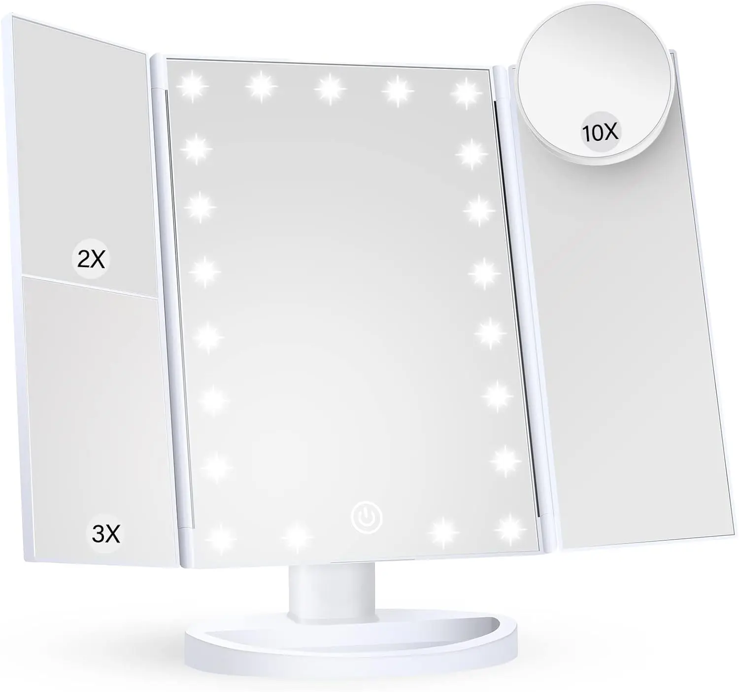 LED Lighted Makeup Mirror - Trifold, Foldable, 2X 3X 10X Magnification, Touch Control, Dual Power, Portable, Desk Use Vanity Mirror, Women's Gift (White)