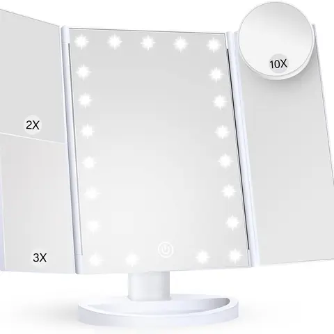 LED Lighted Makeup Mirror - Trifold, Foldable, 2X 3X 10X Magnification, Touch Control, Dual Power, Portable, Desk Use Vanity Mirror, Women's Gift (White)
