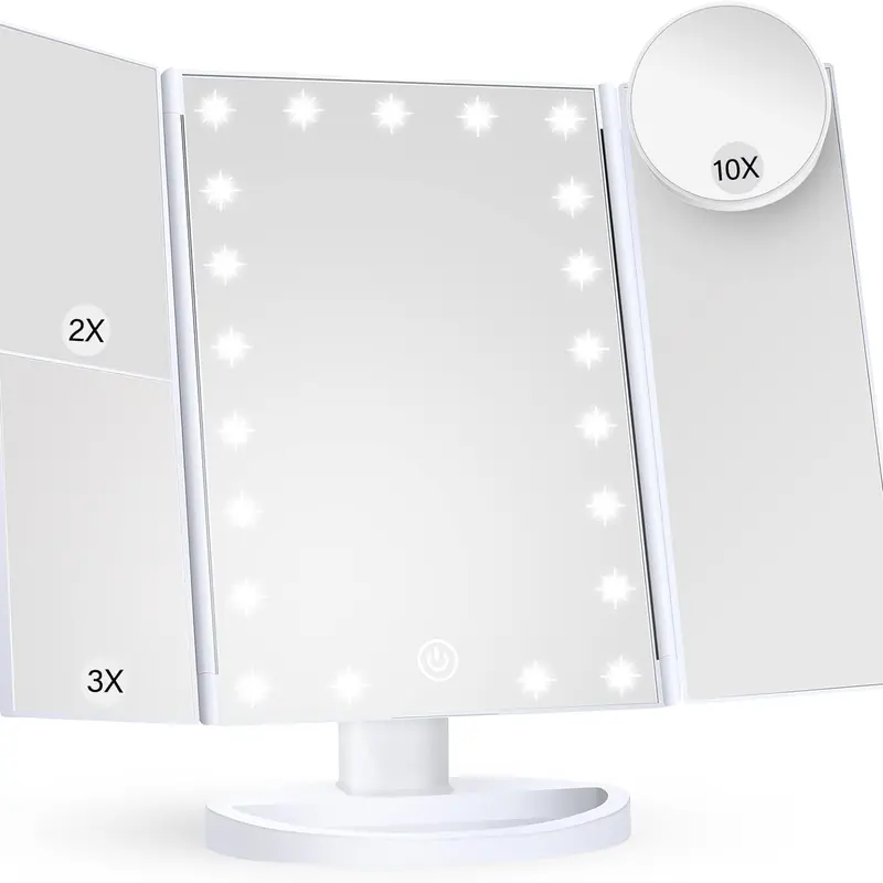 LED Lighted Makeup Mirror - Trifold, Foldable, 2X 3X 10X Magnification, Touch Control, Dual Power, Portable, Desk Use Vanity Mirror, Women's Gift (White)