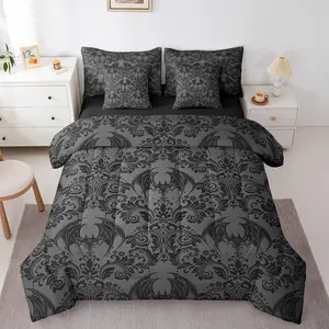 Adults Gothic 7 Pieces Comforter Set,Dark Olive Green Damask Bat Bohemia Boho Bedding Set,Goth Vintage Victorian Baroque Floral Bed in A Bag,