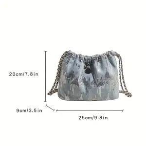 Sequin denim bag for women, new vintage bucket bag, stylish chain casual trendy personalized crossbody bag beaded tote oil Leather Mummy Double-Sided lobster Retro Matte Hand-woven Messenger handbags luxury designer real