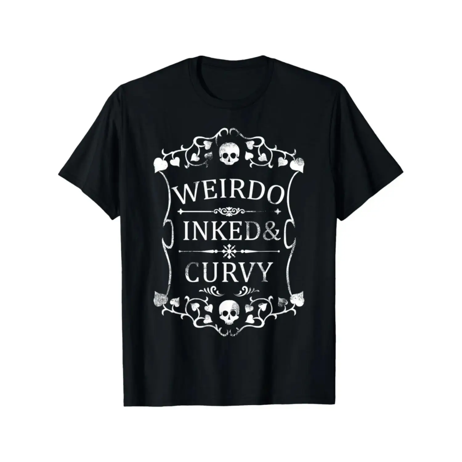 Weirdo Inked & Curvy Graphic T-Shirt, Vintage Gothic Skull Frame Print Tee, Oversized 【100% cotton】 Shirt, Edgy Alternative Casual Short Sleeve Top, Trendy Dark Academia Aesthetic Cotton Tee for Tattoo Lovers and Body Positive Fans