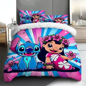 [mothers day gift ideas] DISNEY CLASSIC 3-piece Happy Lilo & Stitch Pattern Bedding Set with 1 Duvet Cover + 2 Pillowcases, No Insert, Printed Bedding Set, Soft and Comfortable, Suitable for Bedroom and Guest Room Use