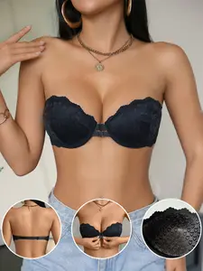 Women's Strapless Lace Push-Up Medium Bra, Front Closure Design, Invisible Backless Vest Style, Soft and Comfortable, Perfect for Daily Wear,Gift for Her