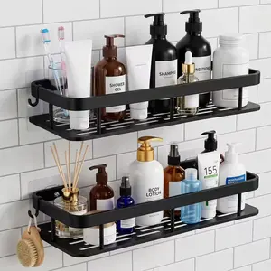 POLARIS Shower Caddy Adhesive 2 Pack Black Bathroom Accessories, Wall Organizer, No Drill Bathroom Shower Organizers With Removable Hooks, Rust Proof Shower Shelves For Inside Shower, Easy Installation, Sturdy Modern Look