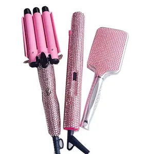 Electric Heating Diamond-Studded Home Appliance Multi-Functional Hair Curling Iron Comb with Crystal Diamonds Creative Diamond-Studded Curling Iron