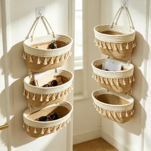 Specialized for foreign trade, wall-mounted storage basket, three-layer wall-mounted dormitory room shelf, cotton-woven behind-the-door storage basket