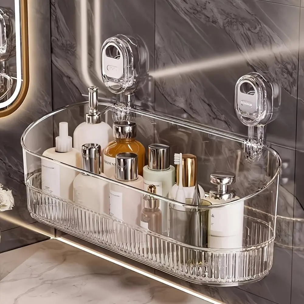 Transparent Bathroom Storage Rack with Suction Cups, Modern Kitchen Organizer, Sink Cosmetic Box, Shower Drain Basket, Bathroom Accessory, Bathroom Accessories Organizer, Bathroom Organizing Accessories