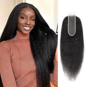 ALHER Yaki Straight 2x6 Lace Closure Long Deep Part Human Hair, 12A Virgin Light Yaki Straight Free Part 4x4 HD Lace Closure Pre Plucked Vertical Smooth Kinkystraight Hair Remy Natural Black