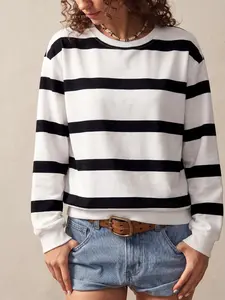 Retro Black & White Striped Sweatshirt Long Sleeve Women's Casual Crewneck Pullover Retro Striped, Loose Fit Crewneck, Soft Casual, Vintage-Inspired, Cozy Streetwear