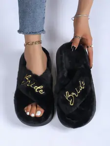Women's Letter Embroidery Plush Cross Slide Anti-skid  Soft-soled Slippers, 2024 New Style Trendy Casual Slippers Soft Comfortable Home Slippers, Fuzzy Warm Slippers for Indoor & Outdoor Use for Fall & Winter, Footwear